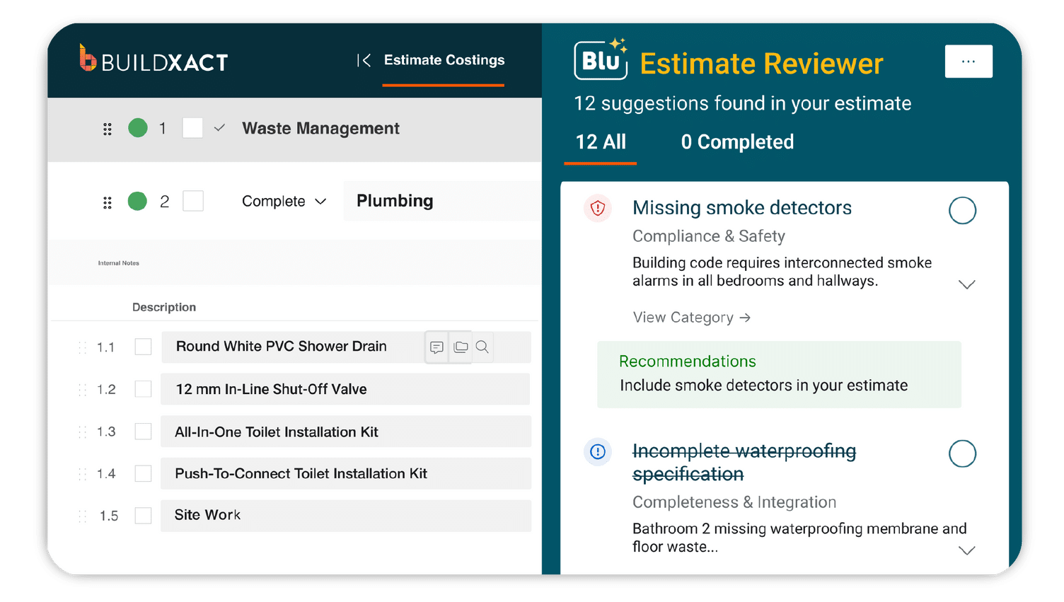 A concept showing how the Blu: Estimate Reviewer checks for missing items